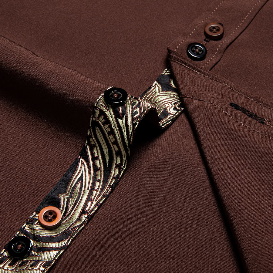 Brown Solid Splicing Silk Dress Shirt shirt    - Sophisticated Gentlemen