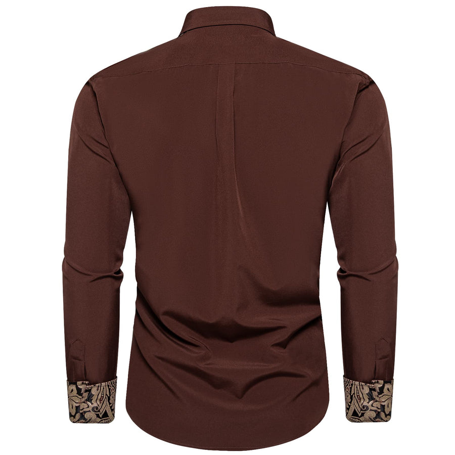 Brown Solid Splicing Silk Dress Shirt shirt    - Sophisticated Gentlemen