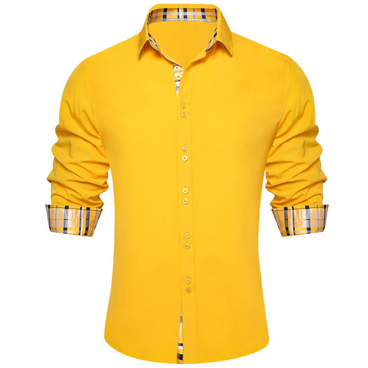 Canary Yellow Solid Splicing Silk Dress Shirt shirt S   - Sophisticated Gentlemen
