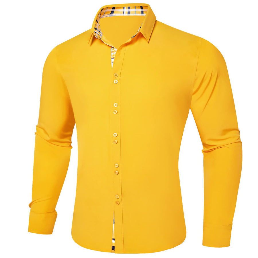 Canary Yellow Solid Splicing Silk Dress Shirt shirt    - Sophisticated Gentlemen