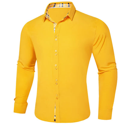 Canary Yellow Solid Splicing Silk Dress Shirt shirt    - Sophisticated Gentlemen