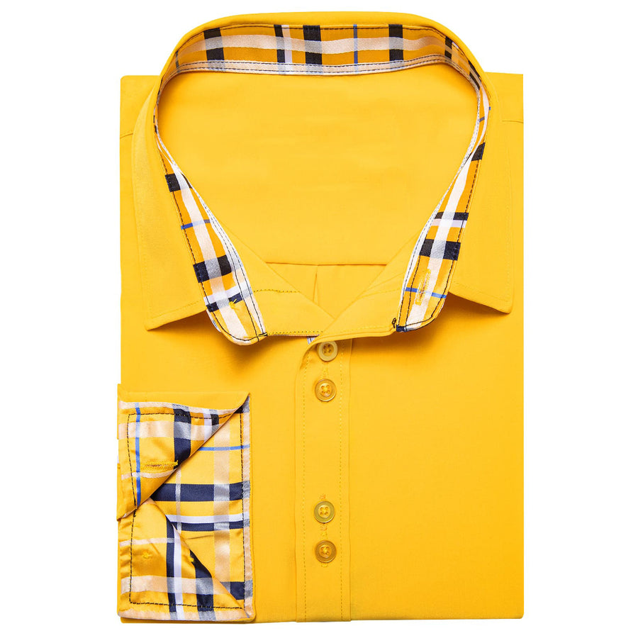 Canary Yellow Solid Splicing Silk Dress Shirt shirt    - Sophisticated Gentlemen