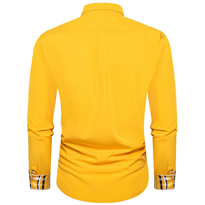 Canary Yellow Solid Splicing Silk Dress Shirt shirt    - Sophisticated Gentlemen