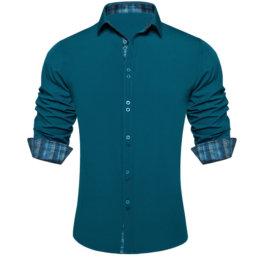 Aegean Blue Solid Splicing Silk Dress Shirt shirt S   - Sophisticated Gentlemen