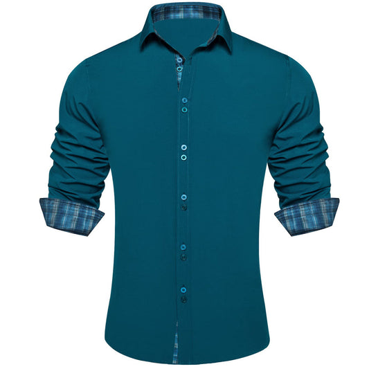 Aegean Blue Solid Splicing Silk Dress Shirt shirt S   - Sophisticated Gentlemen
