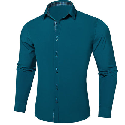 Aegean Blue Solid Splicing Silk Dress Shirt shirt    - Sophisticated Gentlemen