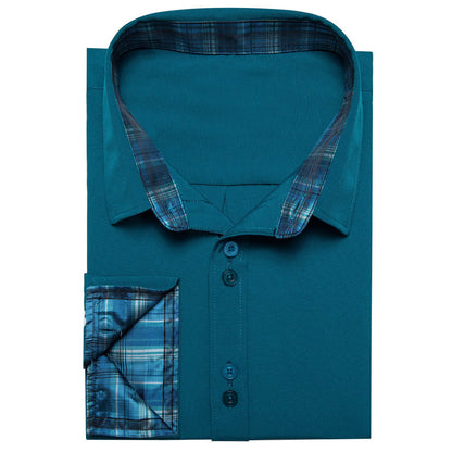 Aegean Blue Solid Splicing Silk Dress Shirt shirt    - Sophisticated Gentlemen