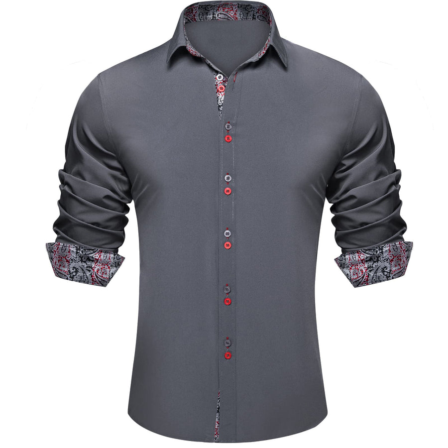 Smoke Gray Solid Splicing Silk Dress Shirt shirt S   - Sophisticated Gentlemen