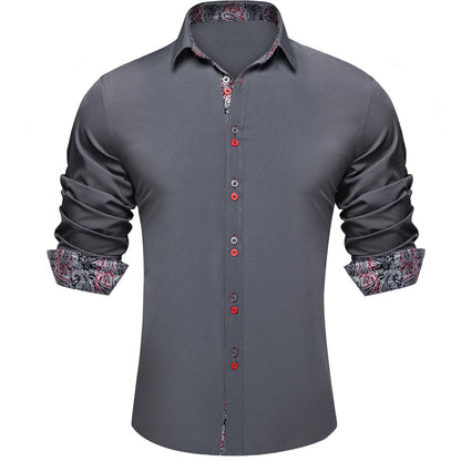 Smoke Gray Solid Splicing Silk Dress Shirt shirt S   - Sophisticated Gentlemen