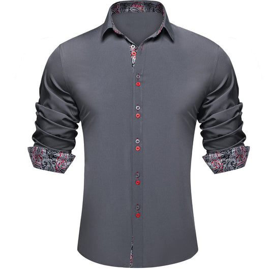 Smoke Gray Solid Splicing Silk Dress Shirt shirt S   - Sophisticated Gentlemen