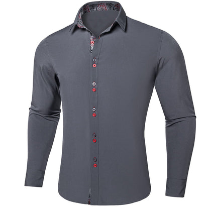 Smoke Gray Solid Splicing Silk Dress Shirt shirt    - Sophisticated Gentlemen