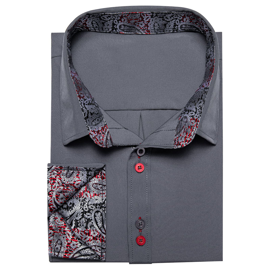 Smoke Gray Solid Splicing Silk Dress Shirt shirt    - Sophisticated Gentlemen