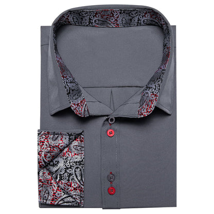 Smoke Gray Solid Splicing Silk Dress Shirt shirt    - Sophisticated Gentlemen