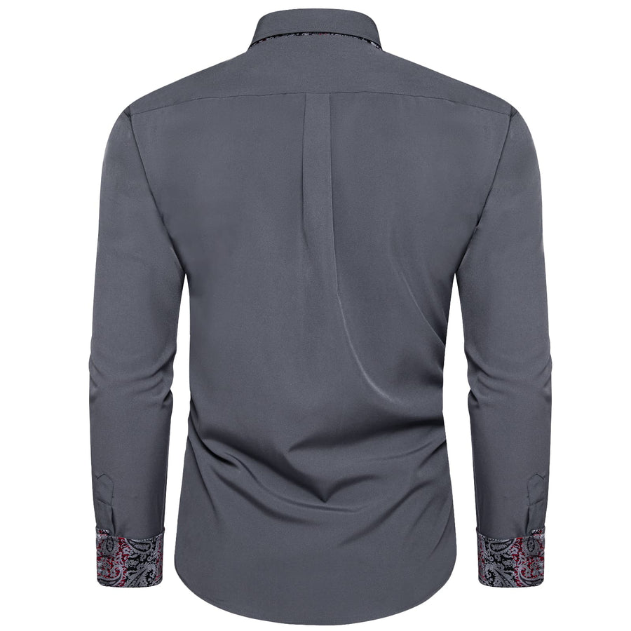 Smoke Gray Solid Splicing Silk Dress Shirt shirt    - Sophisticated Gentlemen