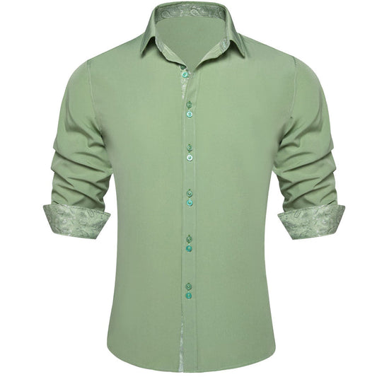 Sage Green Solid Splicing Silk Dress Shirt shirt S   - Sophisticated Gentlemen