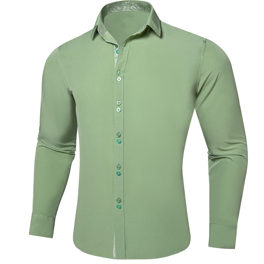 Sage Green Solid Splicing Silk Dress Shirt shirt    - Sophisticated Gentlemen
