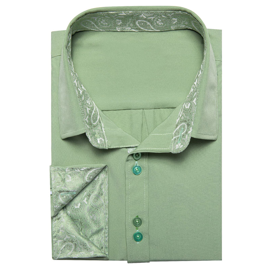 Sage Green Solid Splicing Silk Dress Shirt shirt    - Sophisticated Gentlemen