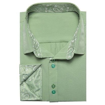 Sage Green Solid Splicing Silk Dress Shirt shirt    - Sophisticated Gentlemen