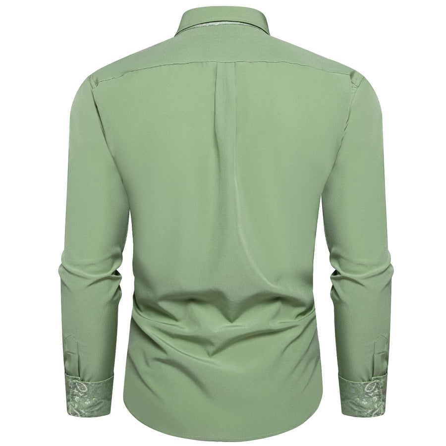 Sage Green Solid Splicing Silk Dress Shirt shirt    - Sophisticated Gentlemen