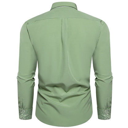 Sage Green Solid Splicing Silk Dress Shirt shirt    - Sophisticated Gentlemen