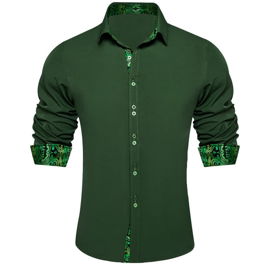 Pine Green Solid Splicing Silk Dress Shirt shirt S   - Sophisticated Gentlemen