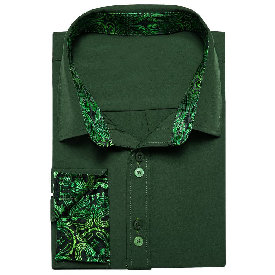 Pine Green Solid Splicing Silk Dress Shirt shirt    - Sophisticated Gentlemen
