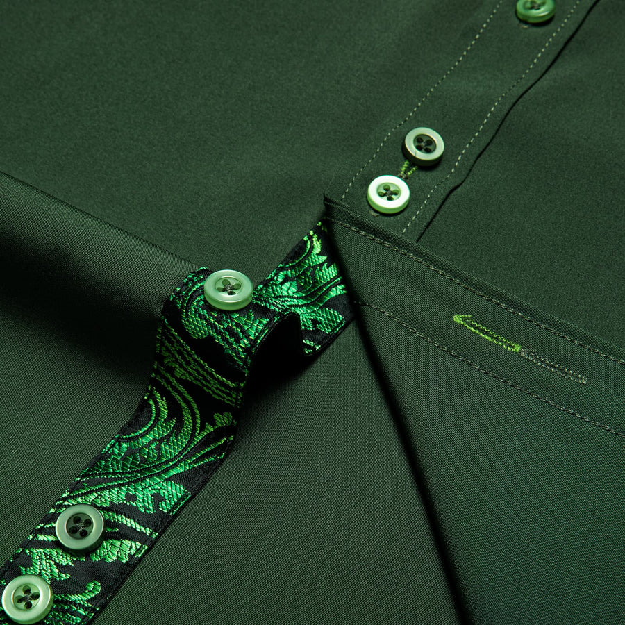 Pine Green Solid Splicing Silk Dress Shirt shirt    - Sophisticated Gentlemen