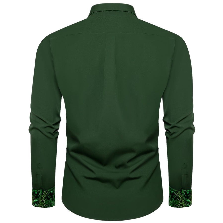 Pine Green Solid Splicing Silk Dress Shirt shirt    - Sophisticated Gentlemen