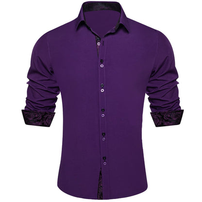 Deep Purple Solid Splicing Silk Dress Shirt shirt S   - Sophisticated Gentlemen