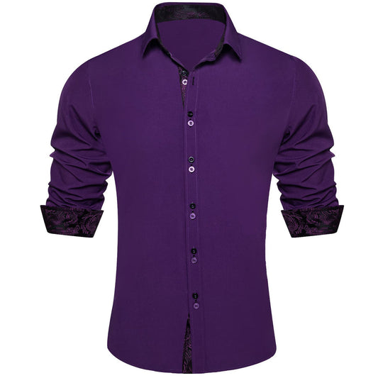 Deep Purple Solid Splicing Silk Dress Shirt shirt S   - Sophisticated Gentlemen