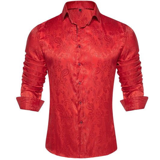 Bright Red Paisley Style Silk Dress Shirt shirt S   - Sophisticated Gentlemen