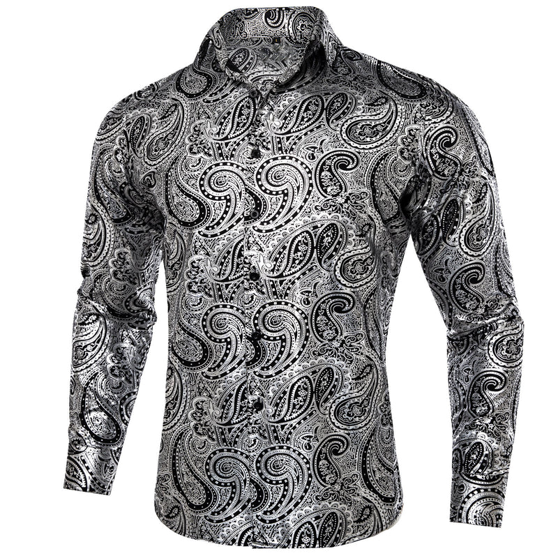Silver Black Paisley Flower Dress Shirt shirt S   - Sophisticated Gentlemen