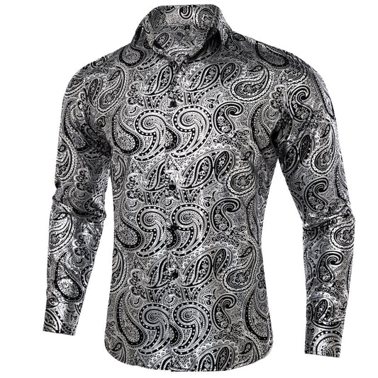 Silver Black Paisley Flower Dress Shirt shirt S   - Sophisticated Gentlemen