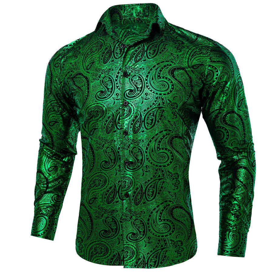 Emerald Green Black Paisley Flower Hot Stamping Dress Shirt shirt S   - Sophisticated Gentlemen