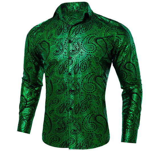 Emerald Green Black Paisley Flower Hot Stamping Dress Shirt shirt S   - Sophisticated Gentlemen