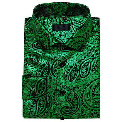 Emerald Green Black Paisley Flower Hot Stamping Dress Shirt shirt    - Sophisticated Gentlemen