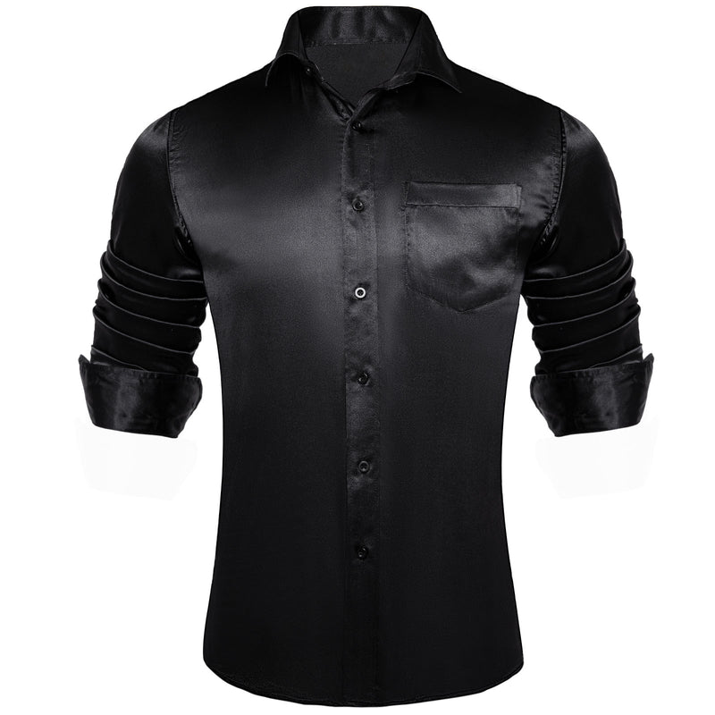 Black Solid Satin Silk Dress Shirt shirt S   - Sophisticated Gentlemen
