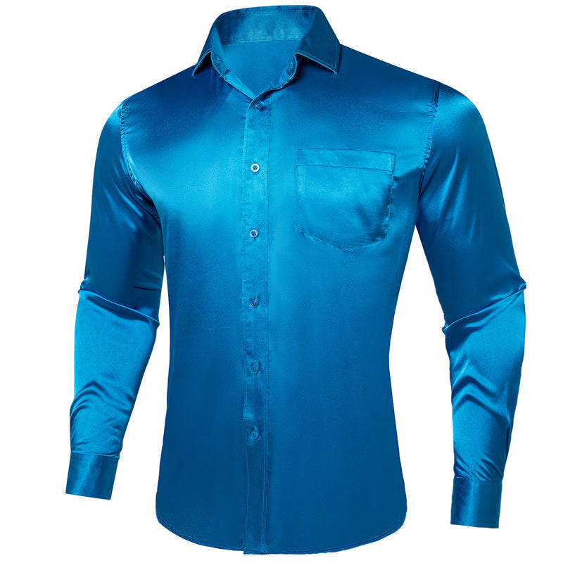 Blue Solid Satin Silk Dress Shirt shirt S   - Sophisticated Gentlemen