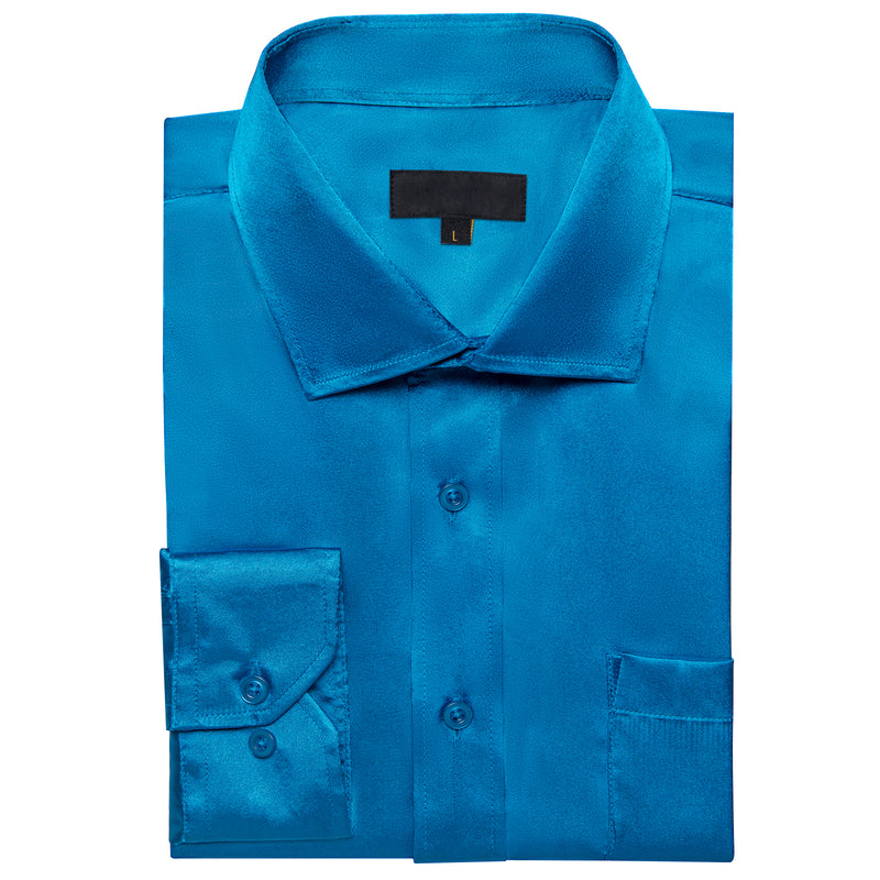 Blue Solid Satin Silk Dress Shirt shirt    - Sophisticated Gentlemen