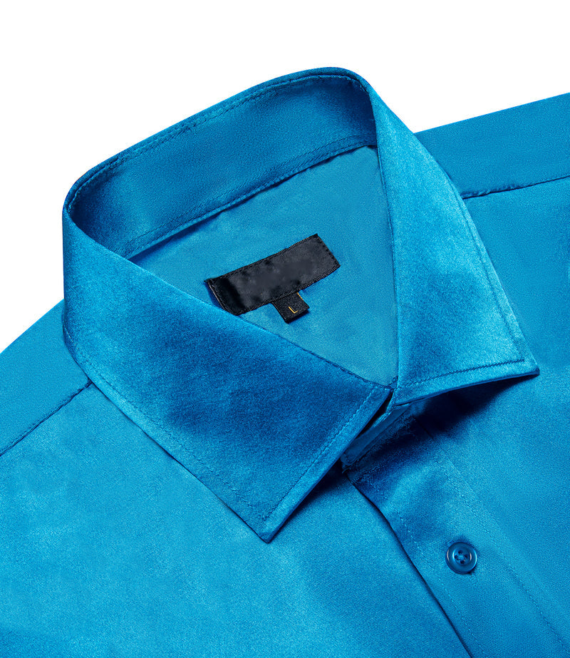 Blue Solid Satin Silk Dress Shirt shirt    - Sophisticated Gentlemen