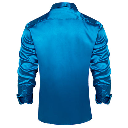 Blue Solid Satin Silk Dress Shirt shirt    - Sophisticated Gentlemen