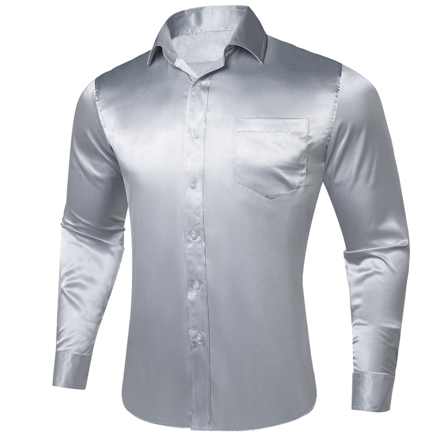 Silver Solid Satin Silk Dress Shirt shirt S   - Sophisticated Gentlemen