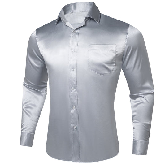Silver Solid Satin Silk Dress Shirt shirt S   - Sophisticated Gentlemen