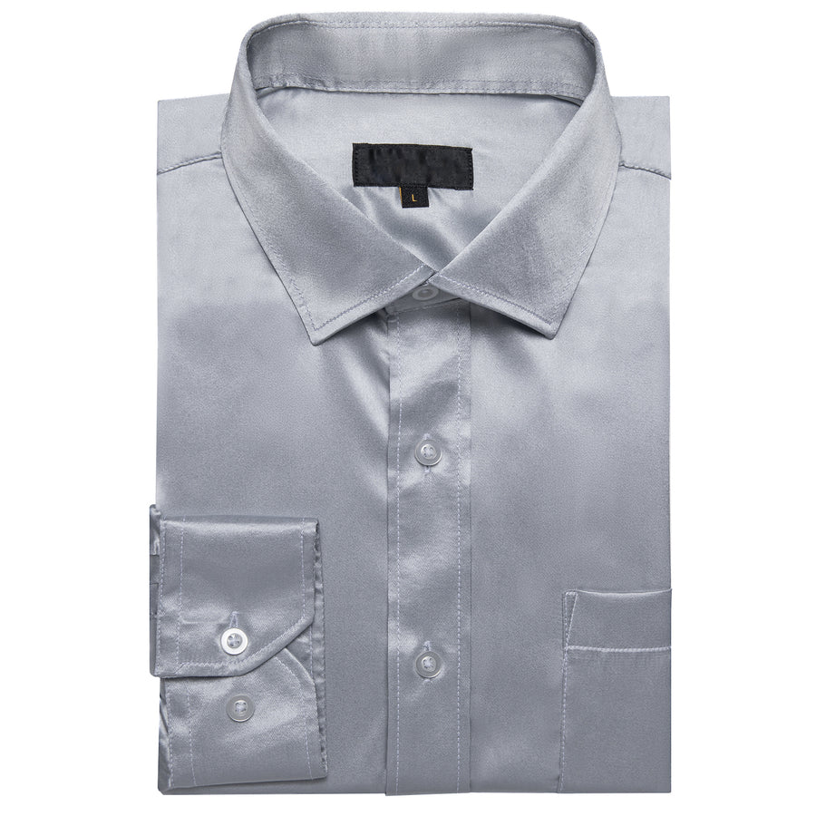 Silver Solid Satin Silk Dress Shirt shirt    - Sophisticated Gentlemen