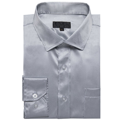 Silver Solid Satin Silk Dress Shirt shirt    - Sophisticated Gentlemen