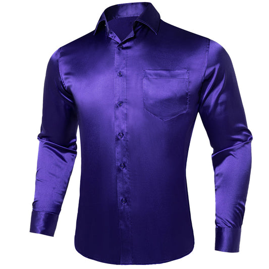 Dark Purple Solid Satin Silk Dress Shirt shirt S   - Sophisticated Gentlemen