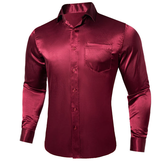 Burgundy Solid Satin Silk Dress Shirt shirt S   - Sophisticated Gentlemen