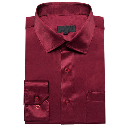 Burgundy Solid Satin Silk Dress Shirt shirt    - Sophisticated Gentlemen