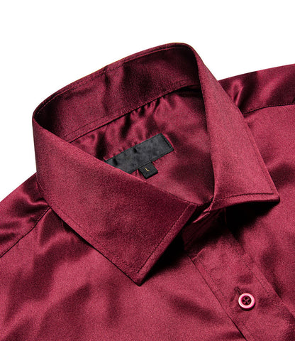 Burgundy Solid Satin Silk Dress Shirt shirt    - Sophisticated Gentlemen