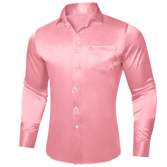 Pink Solid Satin Silk Dress Shirt shirt S   - Sophisticated Gentlemen